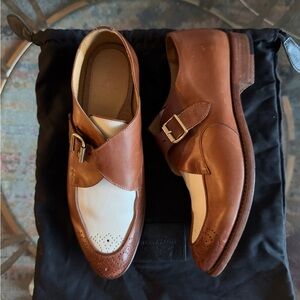 THE OFFICE OF ANGELA SCOTT Mr. Georgie White & Cognac Leather Women's Monkstrap